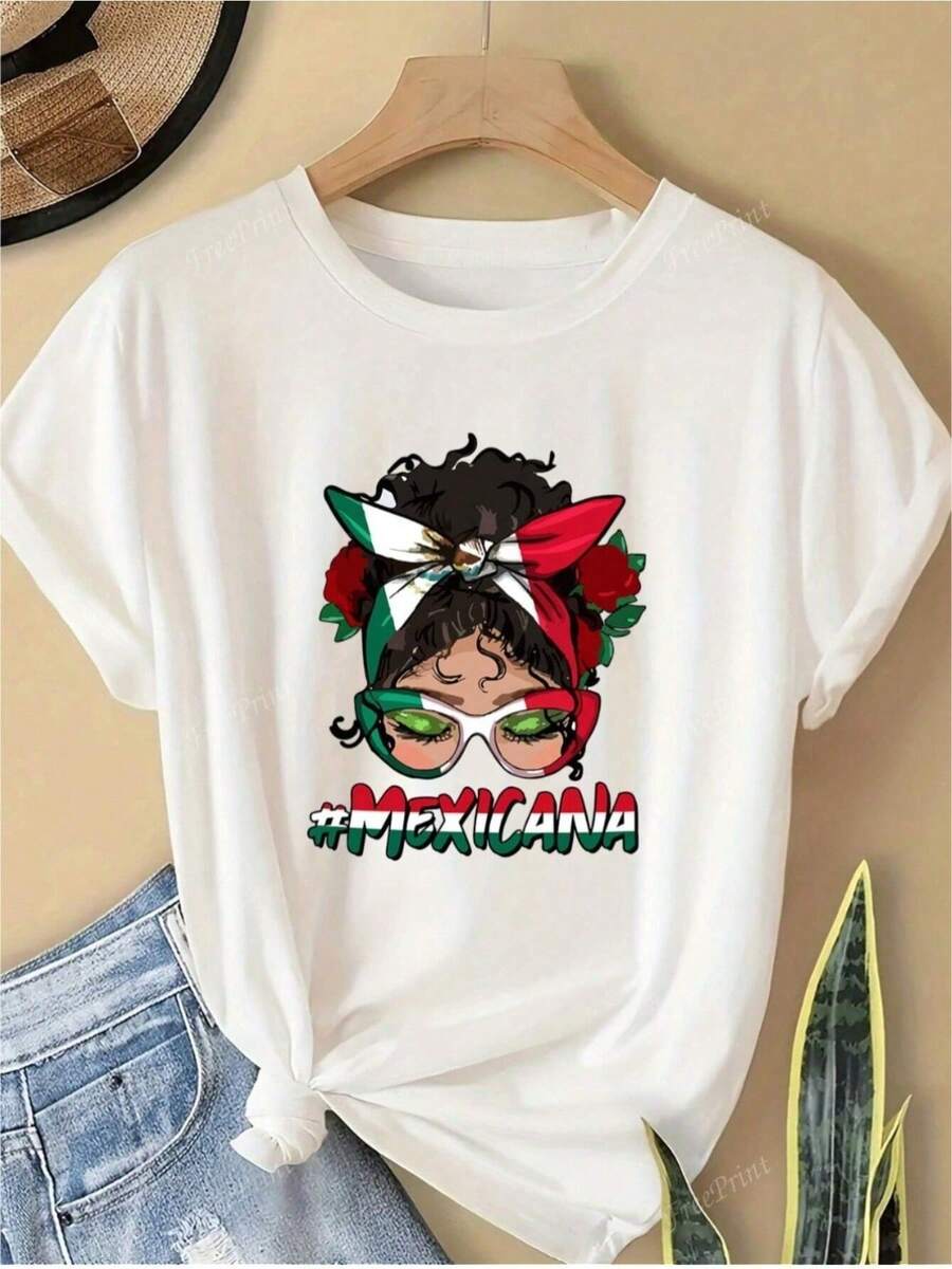 Camiseta Blanca con Diseño de Chica con Sombrero Mexicano y Texto "México" - Estilo Casual Simple, Camiseta Gráfica 100% Algodón Puro, Cuello Redondo, Manga Corta, Suave y Cómoda, Moda Urbana para Todas las Temporadas, Ropa Casual| Camiseta de Cuello Redondo Y2k - Blanco - Ver 1