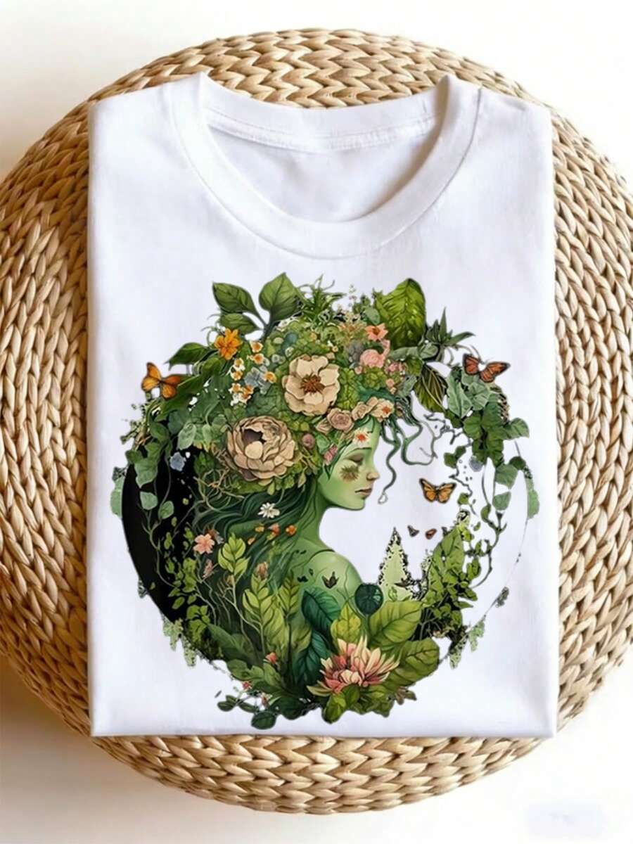 Women's T-Shirt, Unisex, Bohemian Country Style - Soft Vintage Design For Earth Day 2023, With Forest Plant Prints, Mushrooms, Foxes And Elves - Loose Round Neck T-Shirt, Suitable For Outdoor Festivals, Plus Size Casual. - 白色 - 查看 1