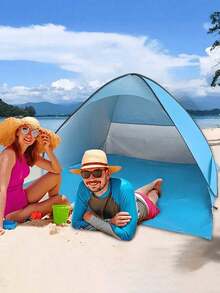 1pc Quick-Open Beach Camping Tent - Spacious Outdoor Sunshade, Includes Storage Bag, Suitable For Family And Friends, Blue Triangle Design, Polyester Fabric, Perfect For Beach, Camping, Hiking, Camping Essential - Multicolor - View 5