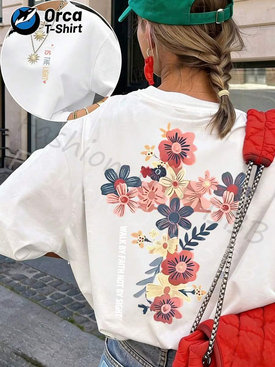 Camiseta de manga corta 100% Y2K para mujer - Estampado de cruz religiosa "Walk By Faith", cuello redondo, corte holgado, blusa adecuada para atuendos de primavera/verano para la iglesia, uso casual y diario - Estilo vintage urbano, camiseta unisex de algodón holgada de manga corta y cuello redondo. - Blanco - Ver 1