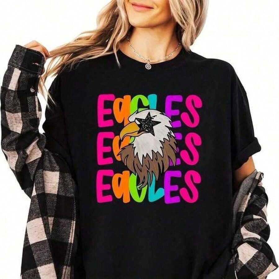 Football Shirt, Personalized Football Shirt, Eagle, Football, Shirt, 220G Cotton Shirt, Loose Fit, Unisex, Maximum Comfort, Suitable For All Types Of People, Whether Women Or Men. Durable, High-Quality Fabric, Suitable For All Sewing Needs, Soft To The Touch, Yet Durable. Breathable Tops For Women. Autumn Outfits For Women, Vacation Outfits, Halloween Costumes For Women - 黑色 - 查看 1