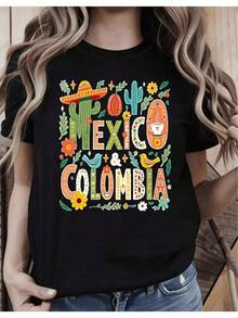 Plus Size Women's T-Shirt With Mexico And Colombia Graphic Print Featuring Cactus, Coffee And Bird Design, Casual Crew Neck Short Sleeve T-Shirt For Everyday Wear - 黑色 - 查看 6