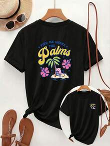 [Estampado de doble cara delantero y trasero] Ropa de verano para mujer, Palmera Hibisco illa de playa Estampado casual inglés Camiseta de manga corta con cuello redondo, Top de mujer, Top casual elegante de mujerTraje de playa para damas / Chica veraniega / Estilo vacacional con plantas tropicales verdes / Paseo por la playa, edición limitada de verano / Versión fresca y cómoda para viajes de verano - Negro - Ver 7