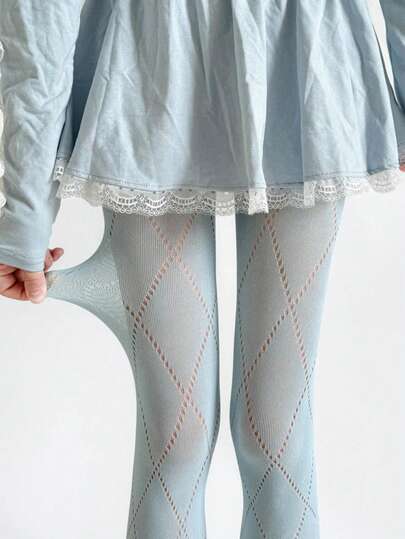 1 par de medias de mujer de punto huecas con forma de rombo, de un fresco azul claro, estilo japonés dulce y versátil, adecuado para uso diario