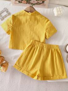 Young Girls' V-Neck Short Sleeve Shirt + Elastic Waist Loose Shorts 2 Pieces Vacation Outfit, Spring/Summer - Yellow - View 3