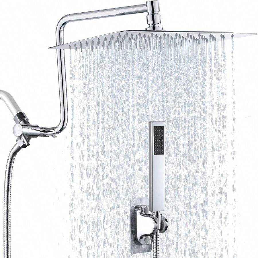 10 Metal Rain Shower With Handheld Spray Combo, 3 Settings Shower Diverter, Stainless Steel Handheld Shower Wand, Adjustable Extension Arm, 71 Inches Long Hose - Polished - Mạ crom bóng - Xem 1