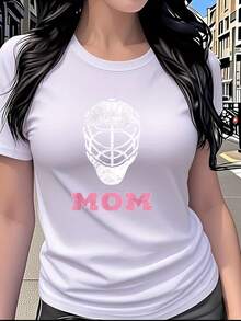 Ice Hockey Goalie Helmet Print T-Shirt, Short Sleeve, Round Neck, Women's Clothing, Unique Retro Sporty Style, Suitable For Casual Daily Wear At Home Or Out, Mother's Day Gift For Mom, Pure Cotton Print T-Shirt For Women. - 白色 - 查看 7