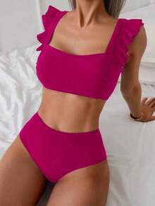Conjunto de traje de baño para mujer, conjunto de unicolor con escote cuadrado tipo bandeau, tirantes con volantes - Rosa Fucsia - Ver 1