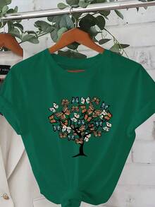 Fashionable T-Shirt With Print And Round Neck, Short Sleeves, Plus Size, Women's Clothing, Women's Garments - 綠色 - 查看 6