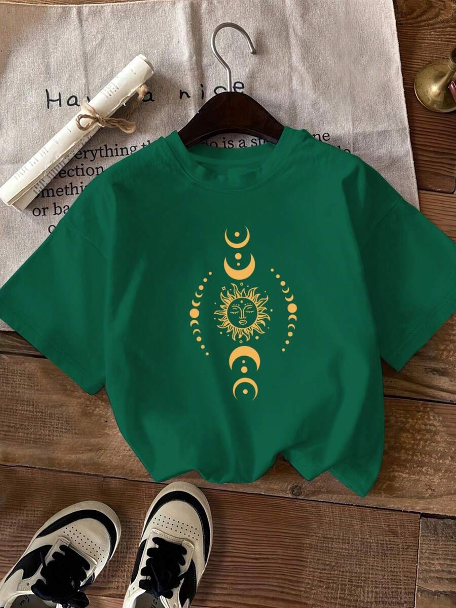 Patrón de moda de primavera y verano estampado de mangas cortas, camisetas casuales de manga corta, camisetas de moda de mujer de talle redondo de talla estándar, ropa de mujer de talla estándar, ropa de mujer - Verde - Ver 1