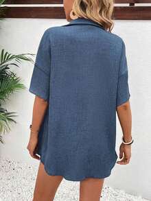Conjunto de 2 piezas con blusa de manga corta de cuello de botones y shorts con lazo delantero, sencillo, para mujer - Azul - Ver 2