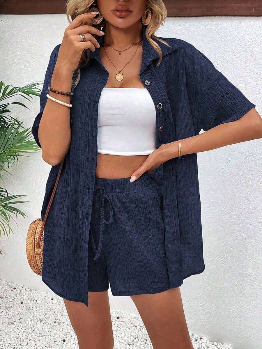 Conjunto de 2 piezas con blusa de manga corta de cuello de botones y shorts con lazo delantero, sencillo, para mujer - Azul marino - Ver 1