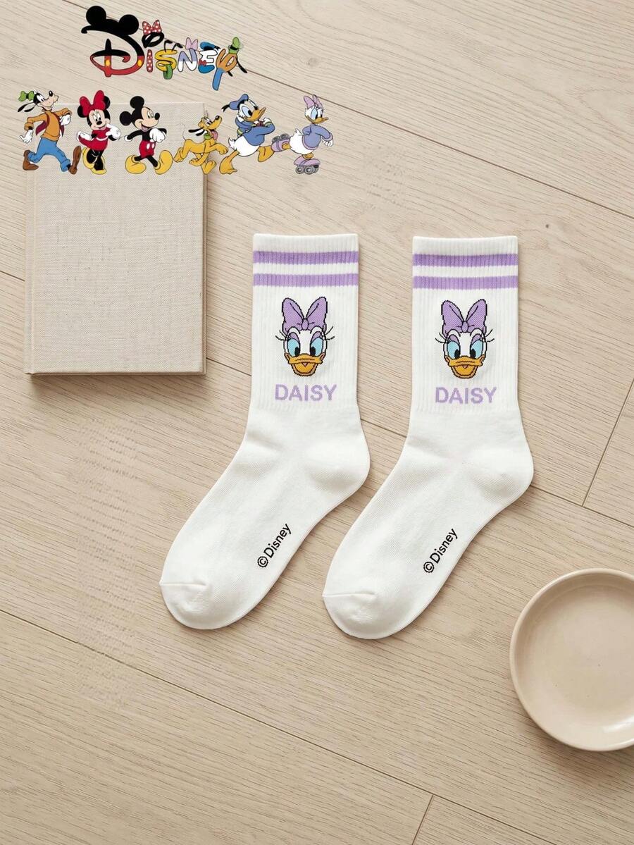 Disney 1 双复古迪士尼米奇和朋友图案船袜，男女通用条纹中筒袜，情侣袜套装 - 淡紫色 - 查看 1