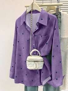 Camisa polo de manga larga con bolsillo y estampado de corazón de unicolor básico casual para mujer, adecuada para uso diario en , verano y otoño - Morado - Ver 3