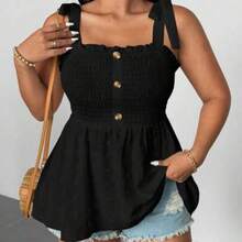 Plus Size Women's Solid Color Front Gathered Patchwork Textured Fabric Shoulder Strap Blouse - Negro - Ver 1