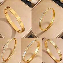 1pc/5pcs Titanium Steel Bangle Bracelet, Stainless Steel Smooth Minimalist High-End Fashion Versatile Bracelet, Won't Fade, Inlaid Rhinestone - Gold - View 7