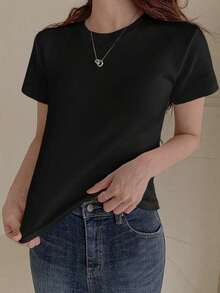Camiseta básica de cuello redondo, estilo preppy. - Negro - Ver 4