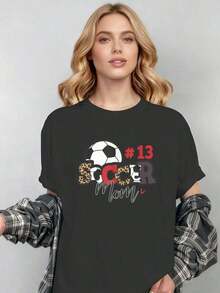 Women's "Soccer Mom Thirteen Mother's Festival Lover" Graphic Print T-Shirt, Fashion Clothing. - 黑色 - 查看 12