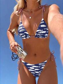 Swim Vcay Conjunto de bikini sexy de 2 piezas para mujer con lazo en el hombro, inalámbrico y con relleno extraíble, adecuado para la playa y el aeropuerto - Azul y blanco - Ver 8