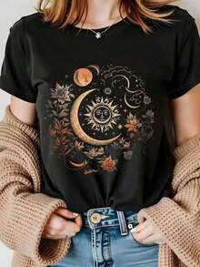 1 pieza, Camiseta Boho Celestial y Floral para Mujer - Signos del Zodíaco Sol, Luna y Estrella Dorados (Libra, Escorpio, Aries) - Estampado de flores color marigolde marrón-naranja-dorado - Top casual de manga corta y cuello redondo para primavera y verano, 180g 100% algodón, los patrones están impresos. Unisexo. - Negro - Ver 7