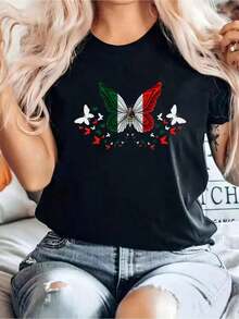 Camiseta 100% Algodón con Estampado de Mariposas y Bandera de México, Camiseta Gráfica de Algodón, Camiseta Sólida, Top Casual de Manga Corta para Mujer para Primavera y Verano, Camisetas Gráficas para Mujer - Estilo Urbano Vintage, Camiseta Unisex de Manga Corta de Algodón Suelto con Cuello Redondo 100% algodón puro. - Negro - Ver 7