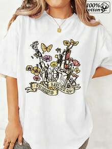 Moda Mujeres Camiseta Blanca Frontal Impresión Corona Flores Maosas Dulce Roca Texto Confortable Vestido Casual Para Salidas Diarias Y Estilo Cajero - Blanco - Ver 2