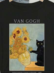 Camisetas manga corta mujer Camiseta casual 100% algodón para mujer, de manga corta y cuello redondo con divertido estampado de girasoles de Van Gogh y gato negro, top negro suave, transpirable y de corte holgado, estética artística, ropa gráfica diaria para damas. - Negro - Ver 4