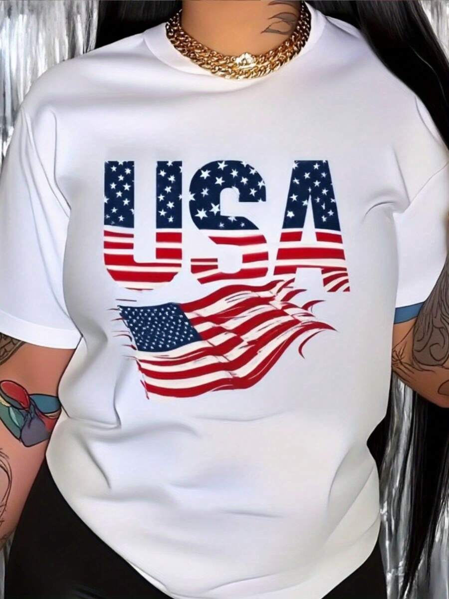 Camiseta con estampado de bandera de Estados Unidos, camiseta de manga corta de cuello blanco de verano de las mujeres, camiseta casual transpirable, cómoda y transpirable, perfectara regalo de Halloween / Navidad Camiseta de cuello blanco clásico de las mujeres cómoda y transpirable perfectara