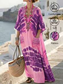 Vestido largo casual de mujer con estampado de teñido anudado, cuello en V verde, kimono de manga corta, bajo asimétrico, vestido de verano tipo kaftan para mujer, atuendo de playa, estilo mediterráneo, ropa bohemia - Rosa - Ver 1