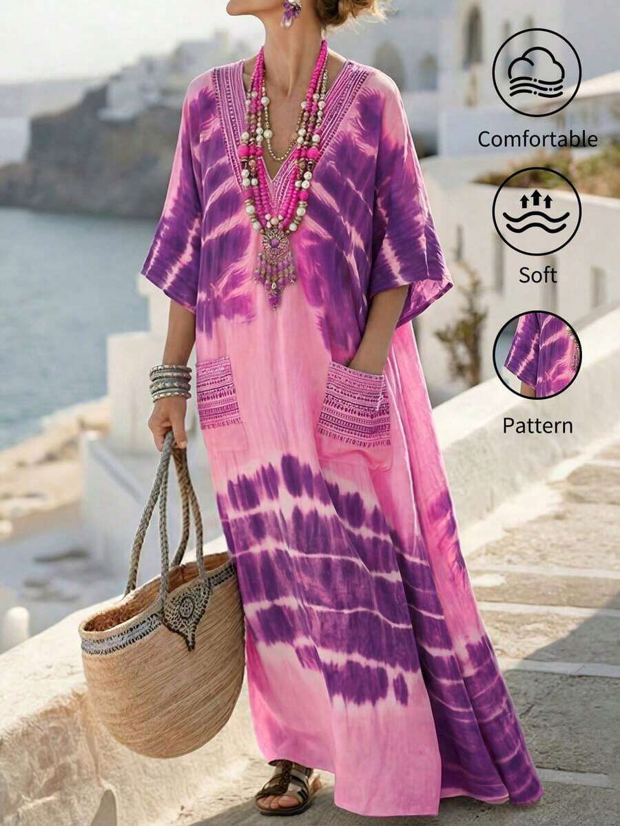 Vestido largo casual de mujer con estampado de teñido anudado, cuello en V verde, kimono de manga corta, bajo asimétrico, vestido de verano tipo kaftan para mujer, atuendo de playa, estilo mediterráneo, ropa bohemia - Rosa - Ver 1