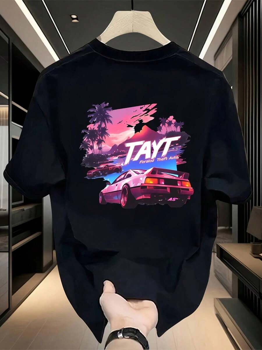 Camiseta Gráfica de Algodón Grueso para Hombre - Estampado Retro TAYT, Camiseta Casual de Verano de Manga Corta, Transpirable y Lavable a Máquina, Perfecta para Atuendos Casuales Y2k - Negro - Ver 1