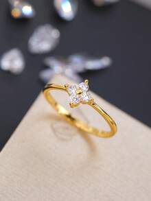 CVNANA 1枚金色铜色锆石四瓣花戒指，纤细指环，简约精致风格，适合日常佩戴、叠戴、办公及送礼。 - A - 查看 9