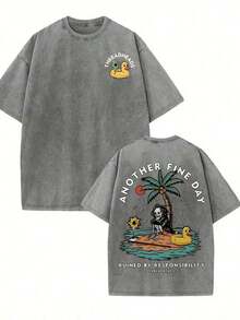 GLEC It's Another Sunny Day, A Time To Celebrate Summer Fun. The Most Valuable Summer Item Is Undoubtedly This Classic Retro-Style T-Shirt For Casual Vacations. A Versatile Urban Retro-Style Piece, It Features Popular Prints Like Swimming Ducks, Circles, Skulls, Coconut Trees, And Sunny Beaches. Made From 230g Washed Cotton Fabric, This High-Quality Men's Printed, Washed Cotton Retro-Style T-Shirt With A Relaxed Fit And Multiple Colors Is Perfect For Summer Outdoor Wear, Parties, And Gatherings. It Has A Good Thickness And Is Suitable For Everyday Wear, As A Gift For Friends, A Back-To-School Gift, A New Year's Gift, A St. Patrick's Day Gift, Or A Father's Day Gift. (Retro Style, Unisex) - 灰色 - 查看 7