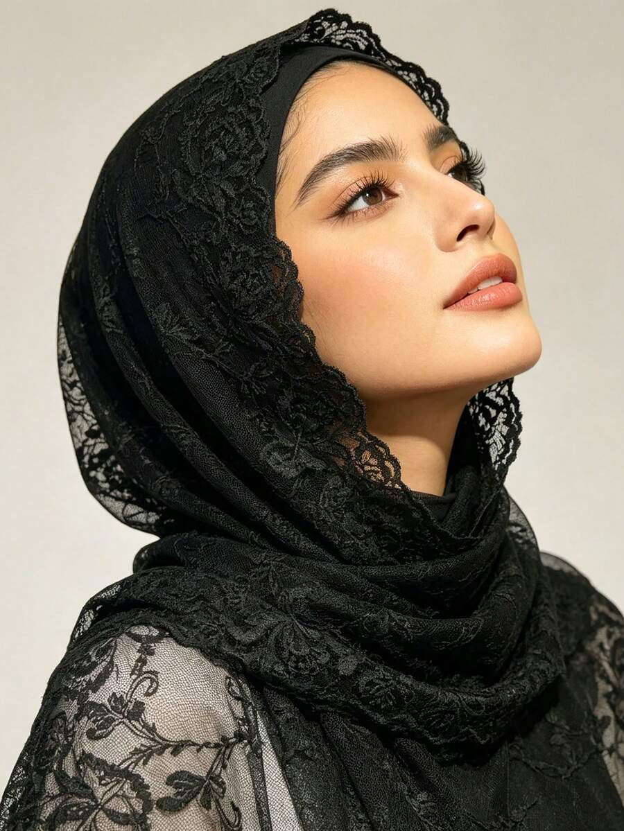 1pc Solid Color Knitted Embroidered Floral Lace Shawl/Scarf - Multicolor - View 1