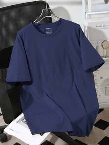 Camiseta casual versátil de mujer talla grande de cuello redondo y manga corta, de color liso - Azul marino 2 - Ver 6