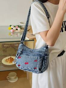 Túi đeo chéo nhiều lớp bằng vải jeans mềm mại, phong cách thường ngày, với nhiều ngăn, đa năng, dung tích lớn, phù hợp cho công sở, đi làm, mua sắm và du lịch, hoàn hảo cho phong cách "cô nàng cao bồi". - Màu xanh lam - Xem 4