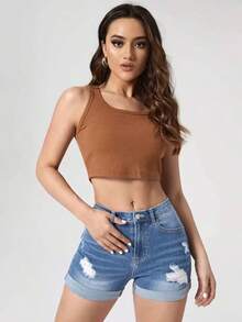 Pantalones Cortos De Mezclilla Con Borde Deshilachado - Azul lavado medio 2 - Ver 4