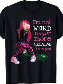 Camiseta de Mujer con Estampado Gráfico - Diseño "No soy rara, solo soy más creativa que tú", Manga Corta, Cuello Redondo, Estilo Casual para Primavera y Verano, Negra con Ilustraciones Coloridas, Tela Ligera de Poliéster, Camiseta Y2k - Negro - Ver 10