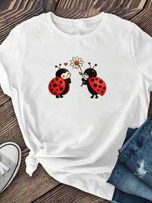 Fashionable Seven-Spot Ladybug Floral Print T-Shirt, Women's Round Neck Top, Casual Everyday Shirt, Adorable Insect Design, Suitable For Spring And Summer, Can Be Worn In All Seasons. DDQD-Unisex Vintage Urban Style Cotton T-Shirt, Short Sleeve, Round Neck, Loose Fit, Women's T-Shirts - 白色 - 查看 2