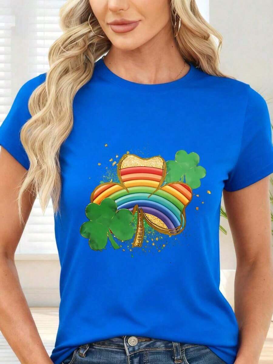 Gift Black Short Sleeve T-Shirt With Rainbow, Shamrock And St. Patrick's Treasure Print - Ideal For St. Patrick's Day Parties And Casual Occasions. Suitable For Everyday, Casual Situations And Versatile To Combine. Soft - 藍色的 - 查看 1