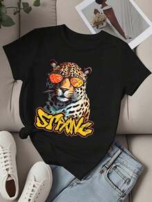 Camiseta de Cuello Redondo para Mujer con Estampado de Leopardo, Gafas de Sol y Texto Fuerte, Manga Corta, Ropa Casual de Verano - Negro - Ver 2