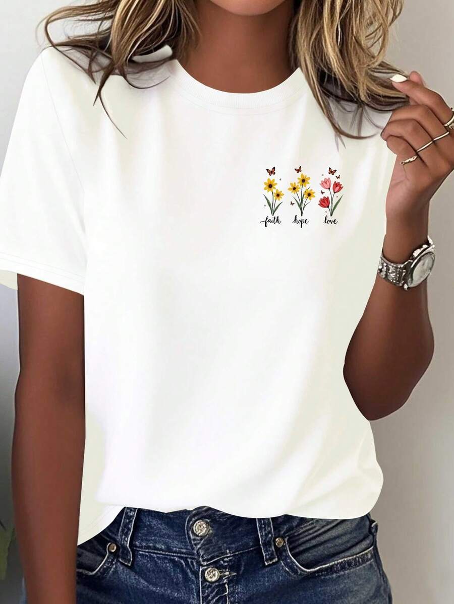 Women's Casual T-Shirt With Round Neck And Floral Design "Faith Hope Love" - Soft, Comfortable, Short Sleeve, Regular Length, Ideal For All Seasons, Casual Wear | Floral Print T-Shirt | Comfortable Fit, White T-Shirt With Flowers - 白色 - 查看 1