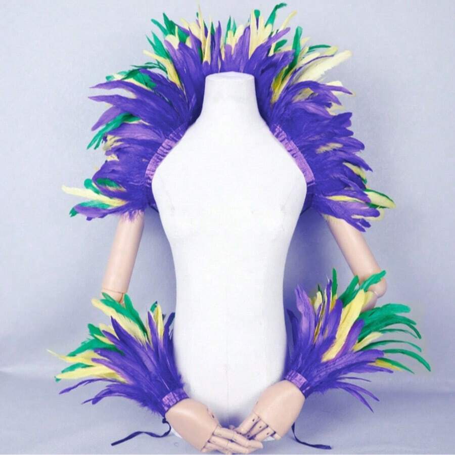 一套超大羽毛披肩，哥特式系带披肩服装，嘉年华游行化装舞会派对酒吧表演服装道具，彩色羽毛装饰
