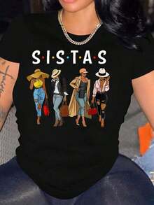 1 Piece Of Women's Clothing, "SISTAS" Friendship Style, African Collage Print For Women, Casual Printed T-Shirt 100% Cotton, Graphic T-Shirts For Women, Tops, Summer Sets, Tops For Women, Unisex, 180g 100% Cotton, All Designs Are Printed. Unisex. - 黑色 - 查看 12