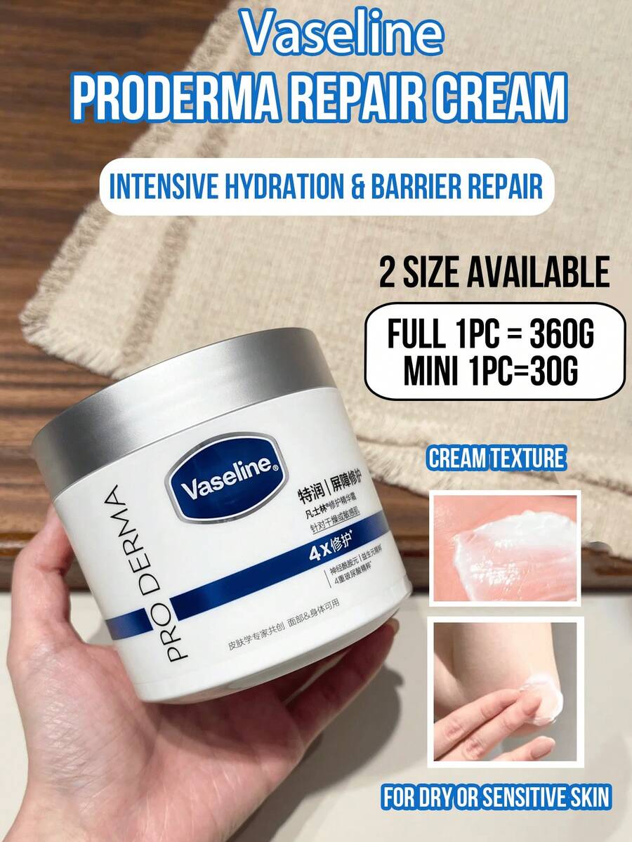 Vaseline Kem dưỡng ẩm phục hồi sâu PRO DERMA, 360g/30g, có cả kích cỡ gia đình và kích cỡ du lịch. Tan ngay lập tức để cấp ẩm sâu và phục hồi hàng rào bảo vệ da, nuôi dưỡng và làm dịu da, không gây nhờn rít, phù hợp cho da khô hoặc nhạy cảm ở mặt và toàn thân, lý tưởng để chăm sóc da hàng ngày vào mùa thu/đông, món quà hoàn hảo cho bạn bè hoặc người thân yêu.