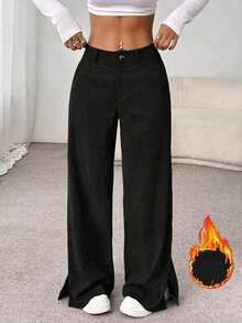 Unity Pantalones largos rectos y sueltos con abertura lateral de pana de moda casual para otoño/invierno para mujeres - Negro - Ver 2