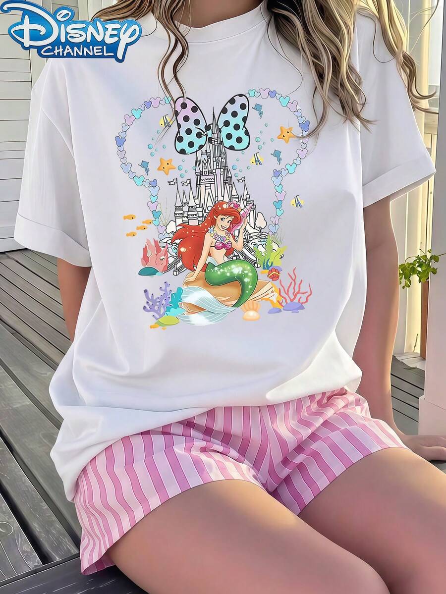 Disney 1pc Teen Girls Cute Princess Ariel And Minnie Ears Print Short Sleeve Casual T Shirt Tops For Teen Girls Clothes For Teen Girls Teen Clothes Summer - 白色 - 查看 1