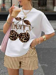 Set de 2 piezas: Camiseta de manga con estampado de corazón y diamante + Pantalones cortos de rayas verticales, estilo retro Y2K - Multicolor - Ver 3
