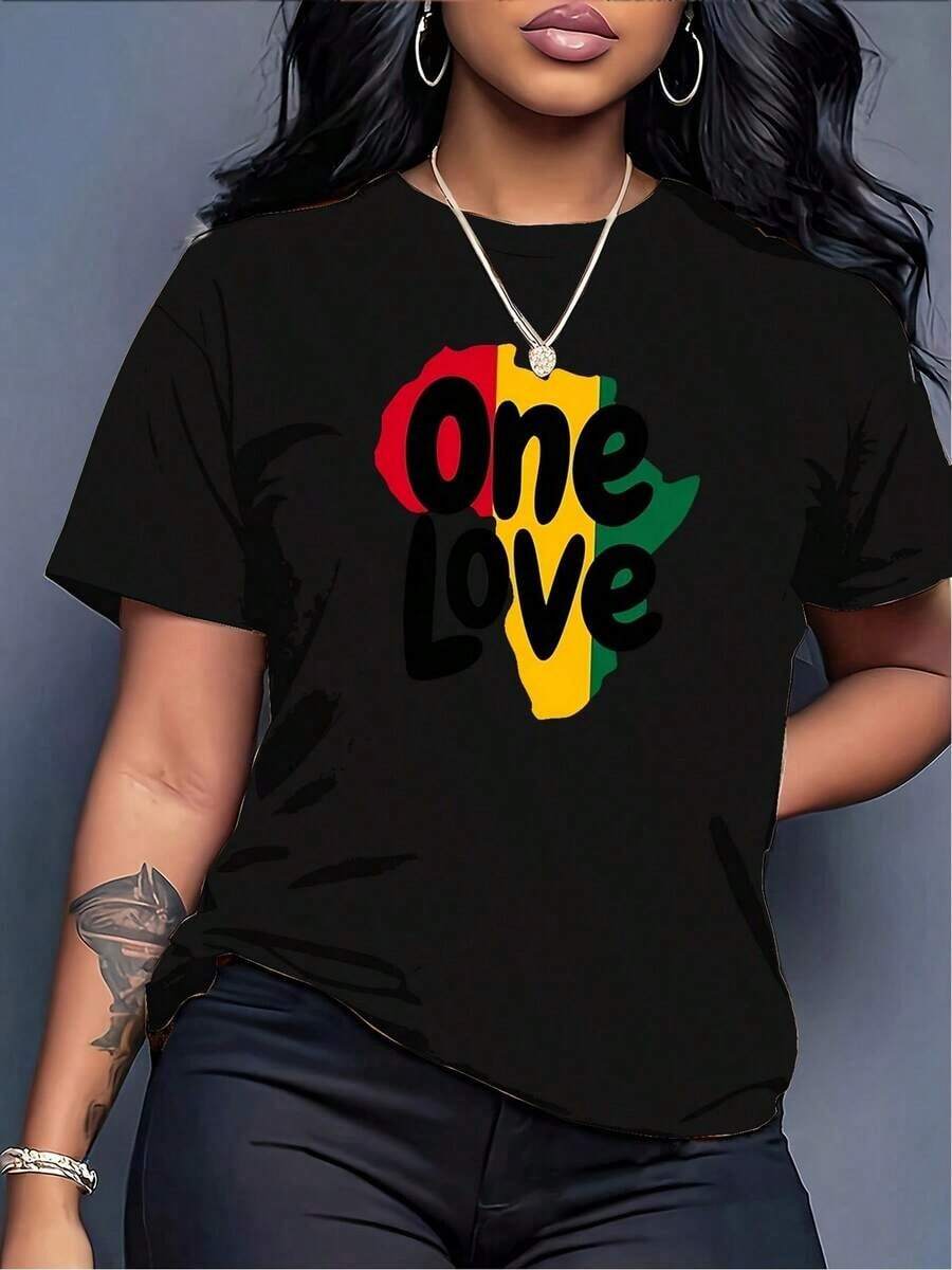1 camiseta de mujer con estampado del mapa de África y la frase "One Love", cuello redondo, camiseta casual de algodón, tejido de punto de elasticidad media, corte regular para damas, para primavera/verano/otoño, Juneteenth, , 100% algodón.