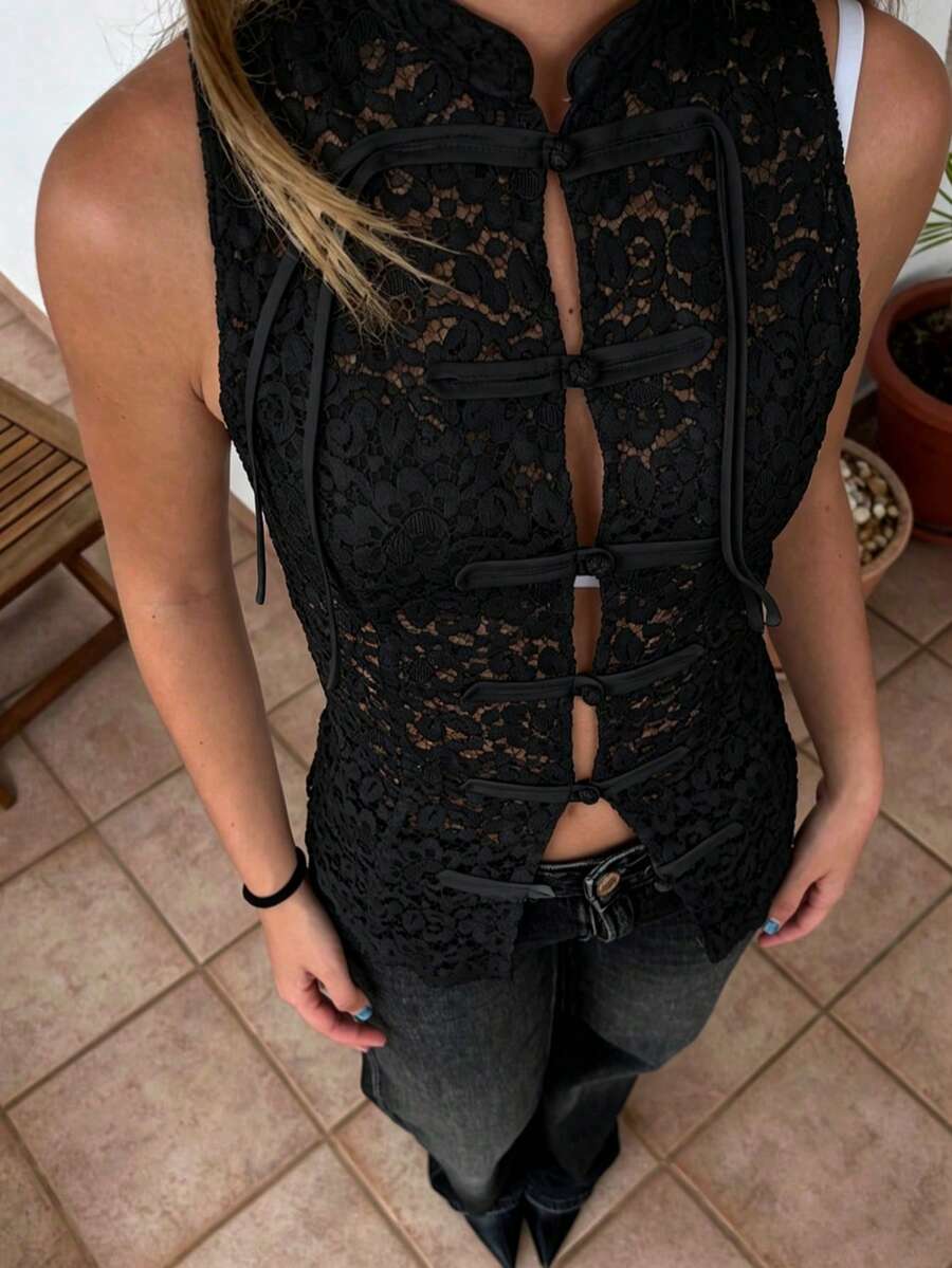 ZAHM Gilet in pizzo nero stile cinese | Gilet senza maniche con colletto alto e bottoni a rana | Top elegante da stratificazione per primavera/estate, stile vintage
